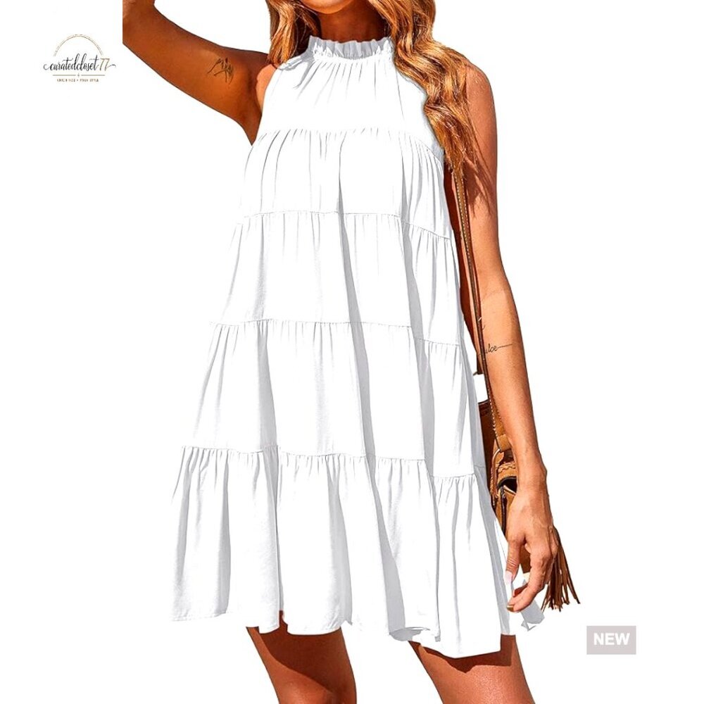 Sleeveless Halter Babydoll Mini Dress Flowy Viscose Summer Casual